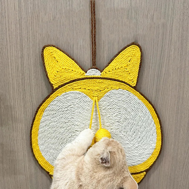 Yellow sisal cat scratch pad with corgi butt design on anti-slip base, 37cm by 40cm