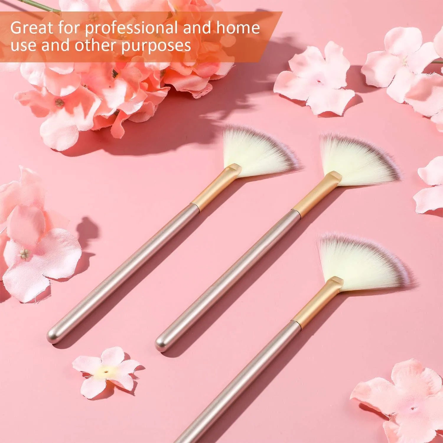 Set of 10 champagne-coloured facial fan brushes with wooden handles on a white background.