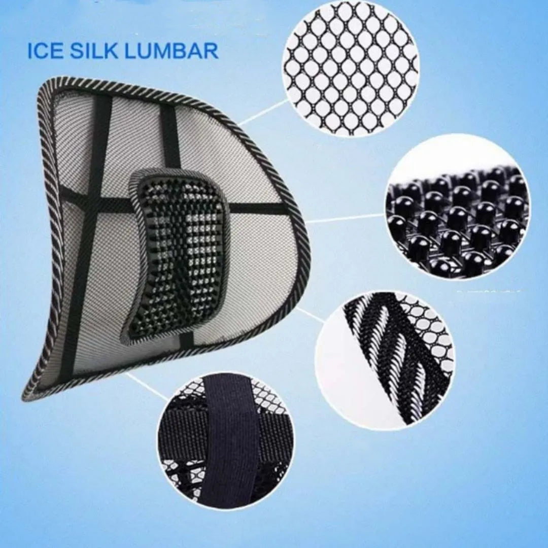 Black car lumbar support pillow with mesh cover on a car seat.