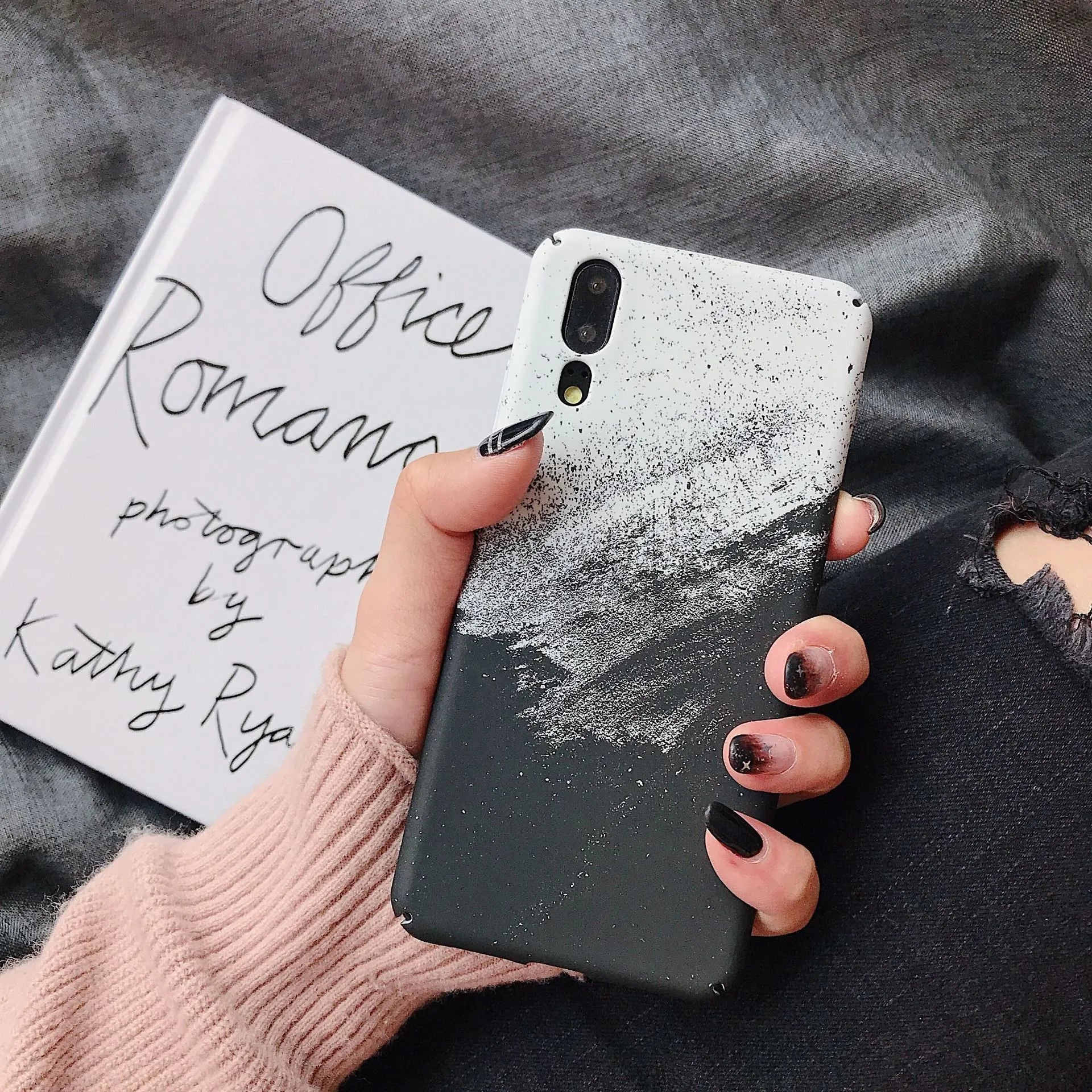Painted pure colour black and pink phone back cover cases for Huawei models on a white background.