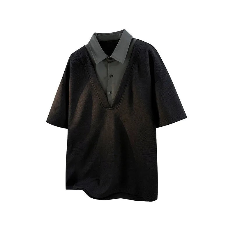 Men's thin black polo shirt sweater with a Henry collar and short sleeves.