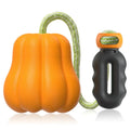 Plastic pumpkin dog toy with rope attachment for outdoor chewing and fetching