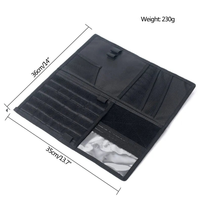 Black 1000D nylon car sun visor organizer measuring 36x35cm with storage compartments