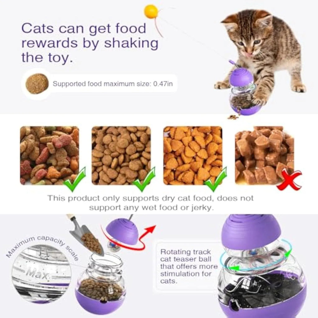 Colourful rocking cat interactive toy with a teaser wand, light-up ball, and food dispenser on a purple base.