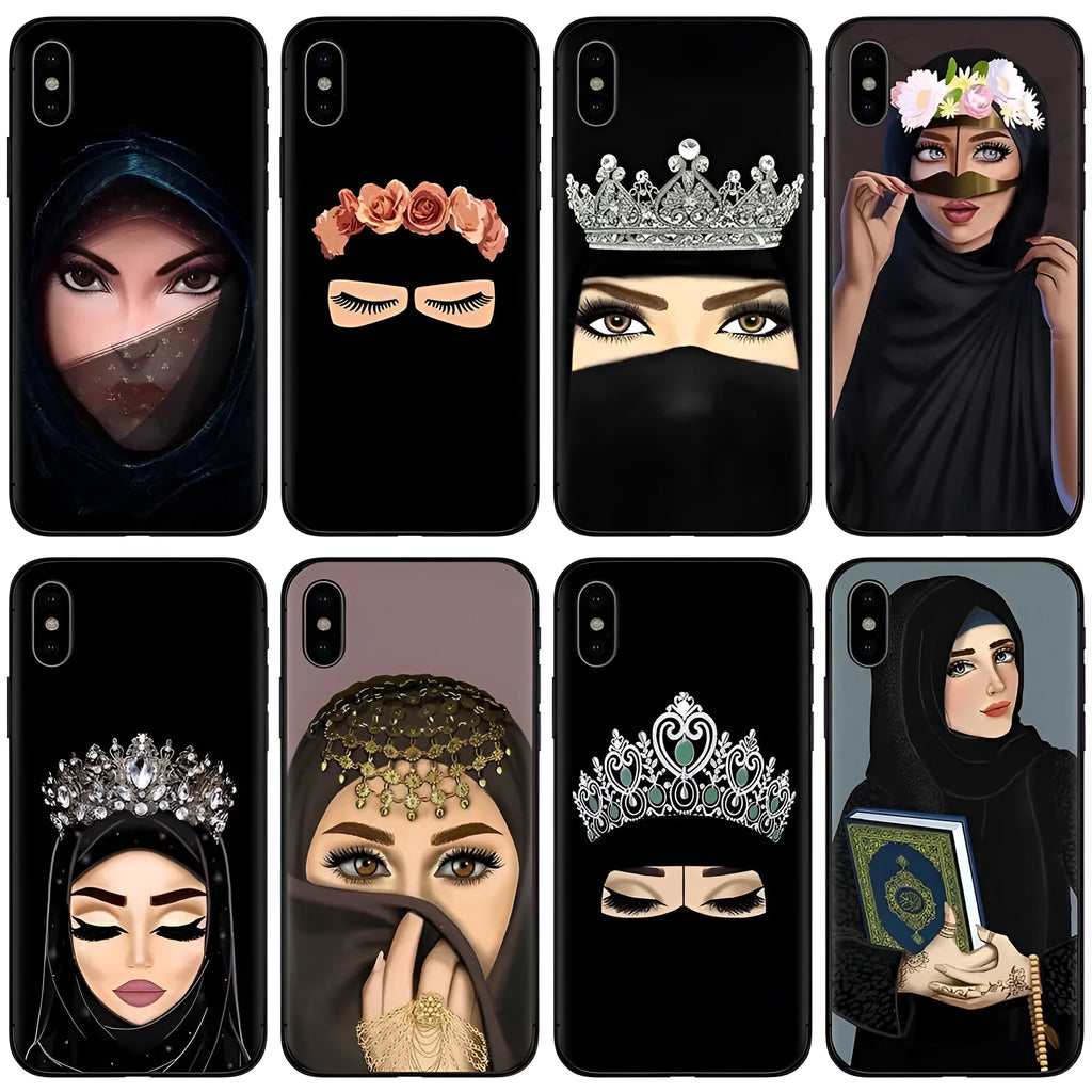 Islamic hijab themed phone case with rhinestone floral designs for iPhone