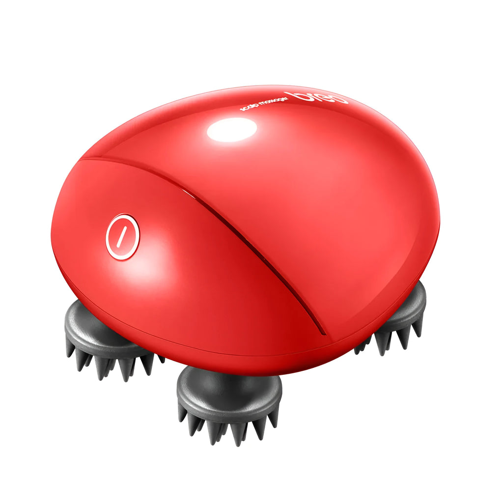 Red electric scalp massager with silicone vibration heads showing 110mm x 120mm x 82mm dimensions