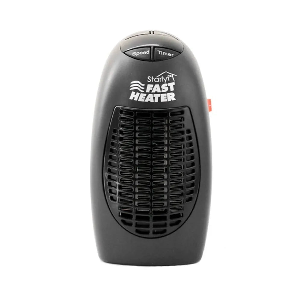 Black mini electric ceramic heater with digital display and a rotating three-prong plug on a desk.