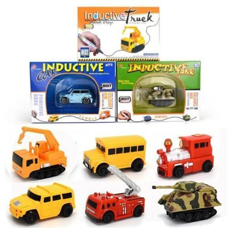 Mini magic pen inductive tank car toy with optical sensor follows drawn line on white paper