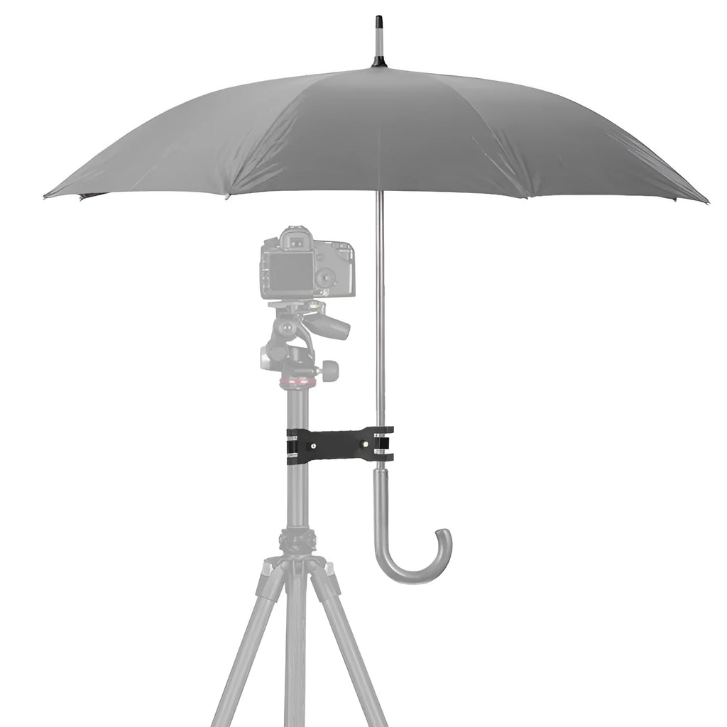 Black ABS plastic umbrella clip for attaching an iPhone to a tripod and umbrella pole.