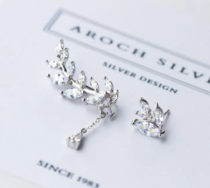 Pair of 925 silver asymmetrical leaf drop earrings with plated finish in large and small S925 silver sizes for women