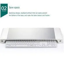 Aluminium computer monitor stand with 4 USB charging ports and keyboard storage space underneath
