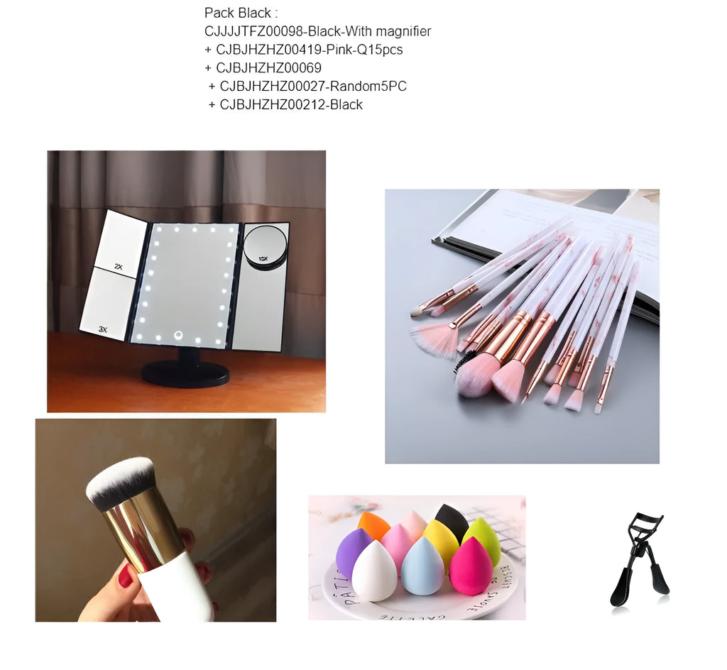 Makeup mirror with magnifier and brush powder puff suit in rose gold finish