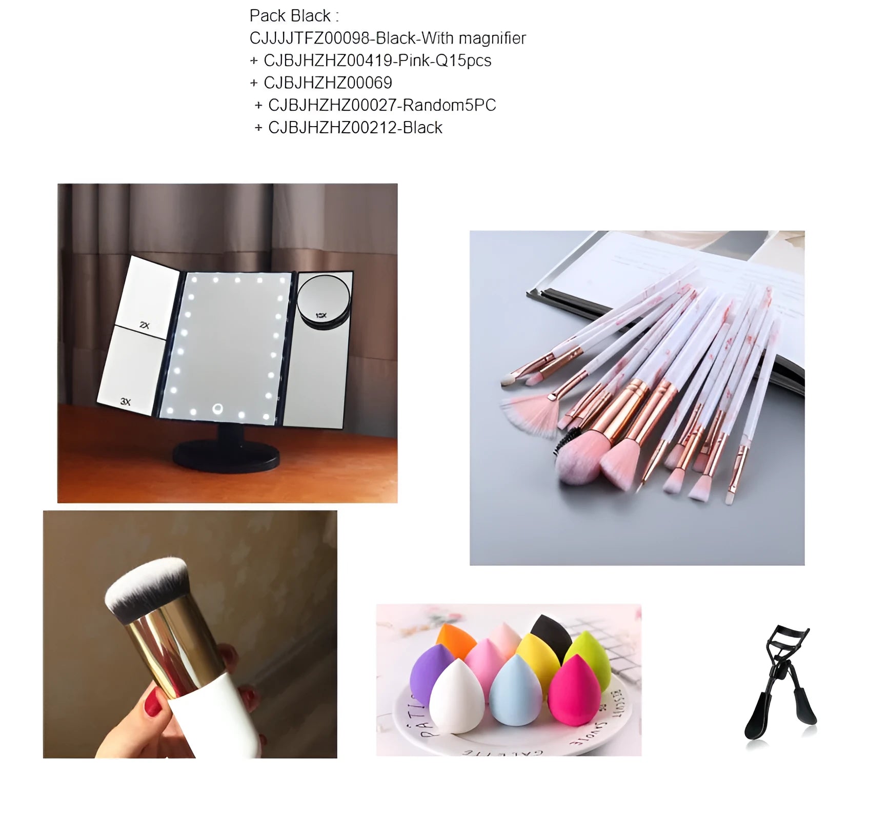 Makeup mirror with magnifier and brush powder puff suit in rose gold finish