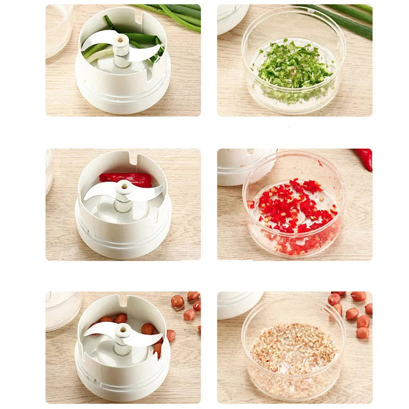 Manual food chopper with magnetic 304 stainless steel blade on plastic base, white colour