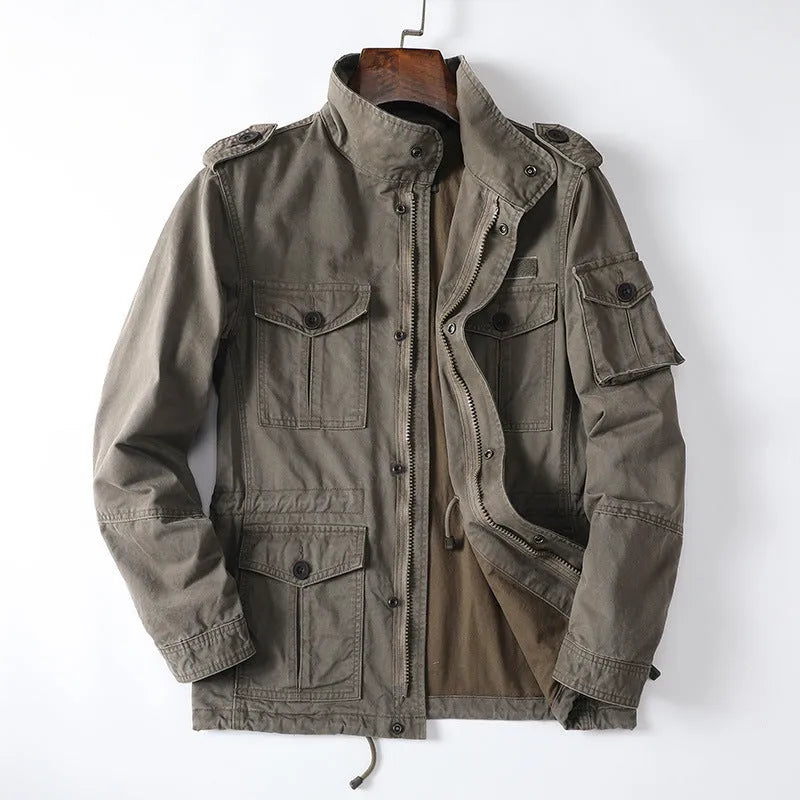 Men's loose fit cotton jacket in light brown colour with zip front closure