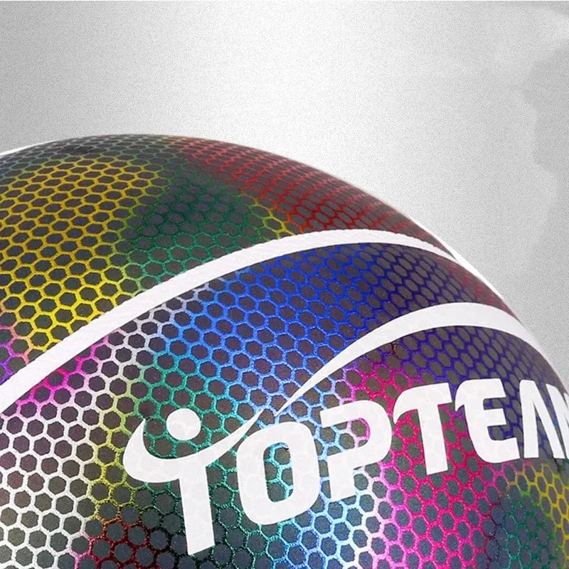 Holographic reflective size 7 PU basketball in White Moonlight colour on court