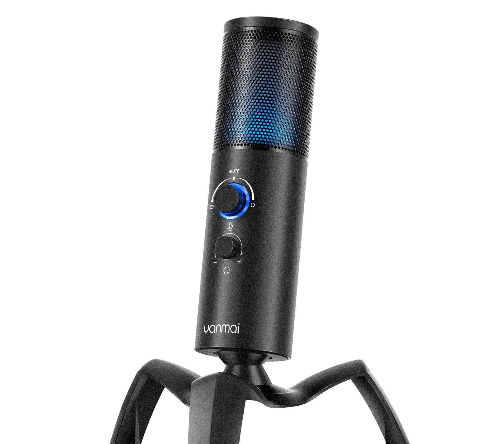 Black Q18 USB condenser microphone with RGB lights on a metal tripod stand.