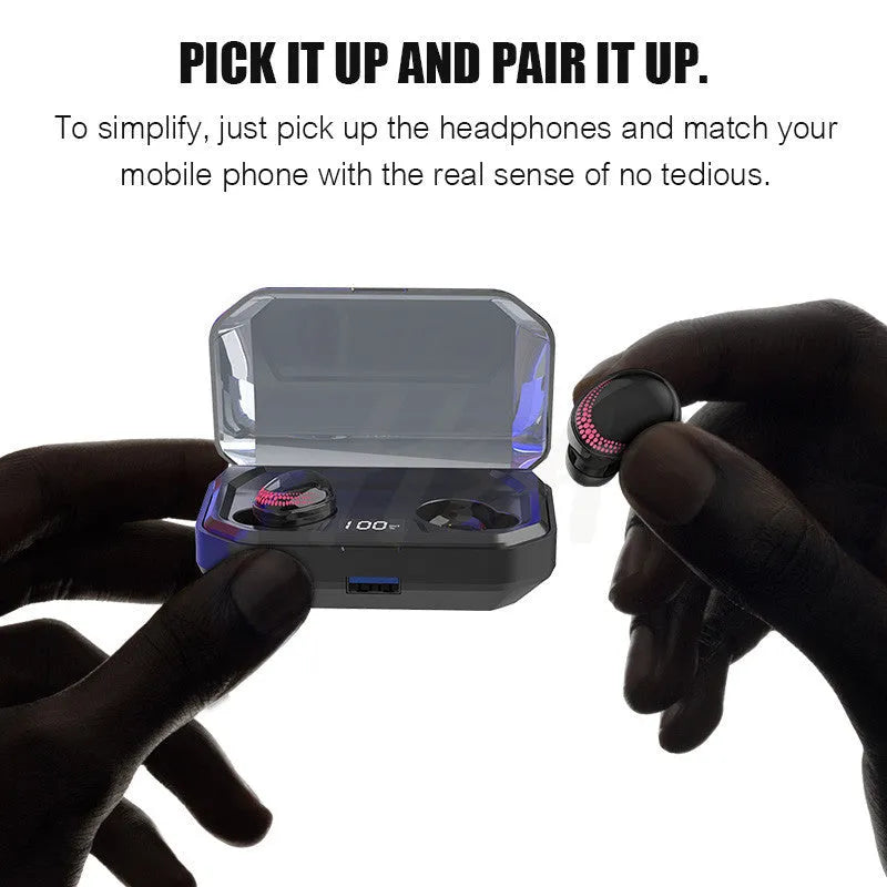 Black X10 true wireless Bluetooth earbuds and charging case on a surface.