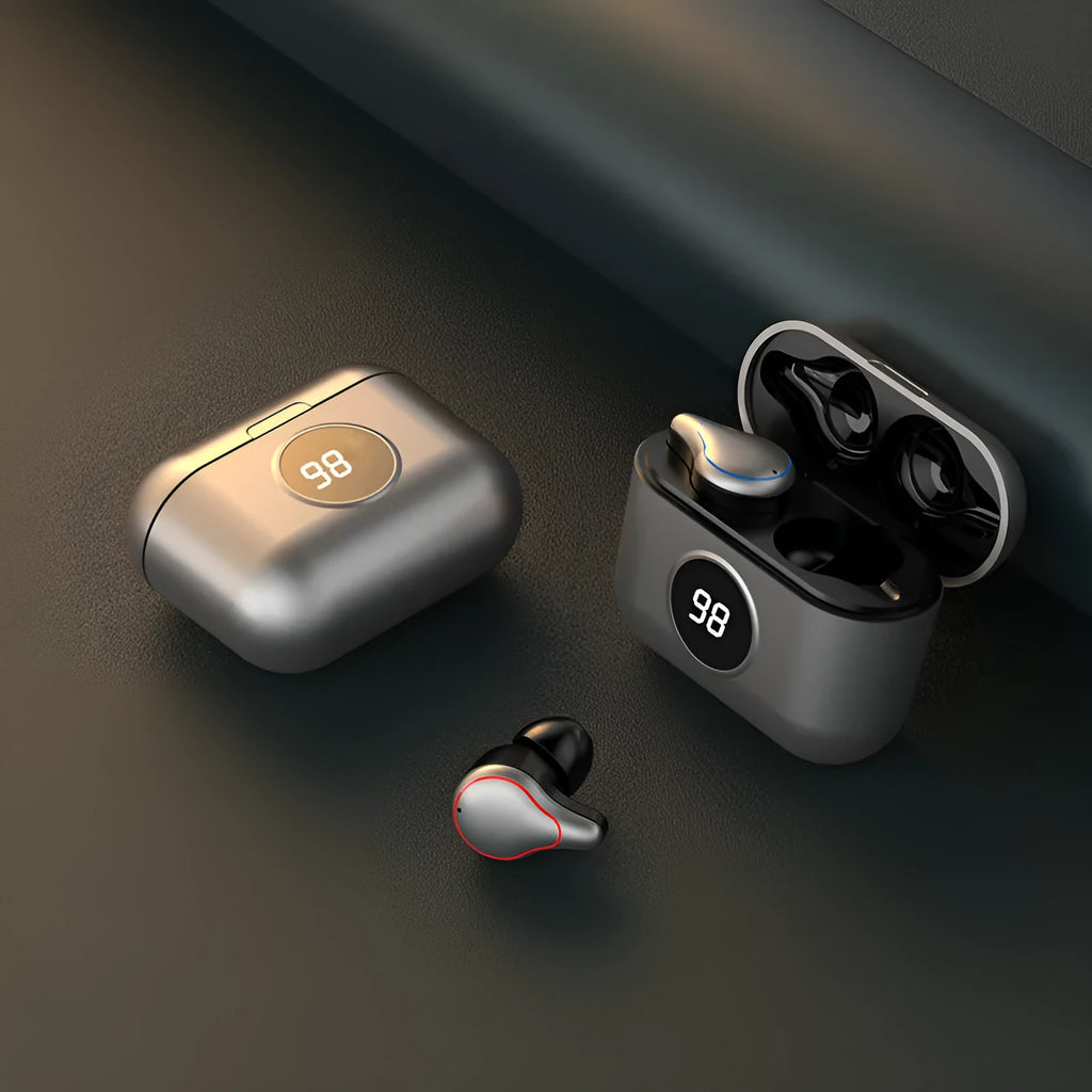 Black and blue in-ear Bluetooth headset with bilateral stereo earbuds