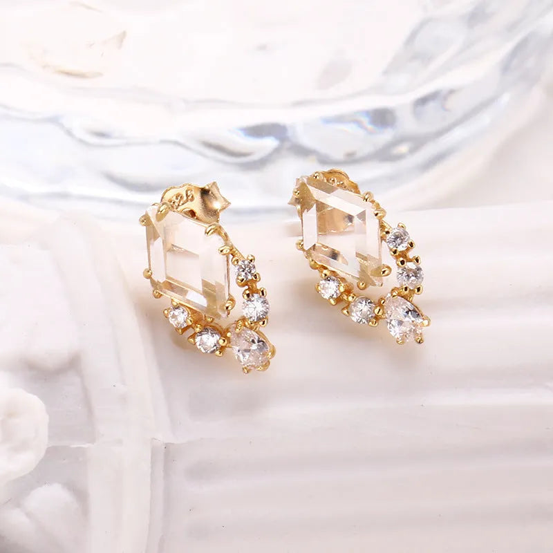 Geometric 925 sterling silver earrings with sweet white crystal accents on electroplated settings