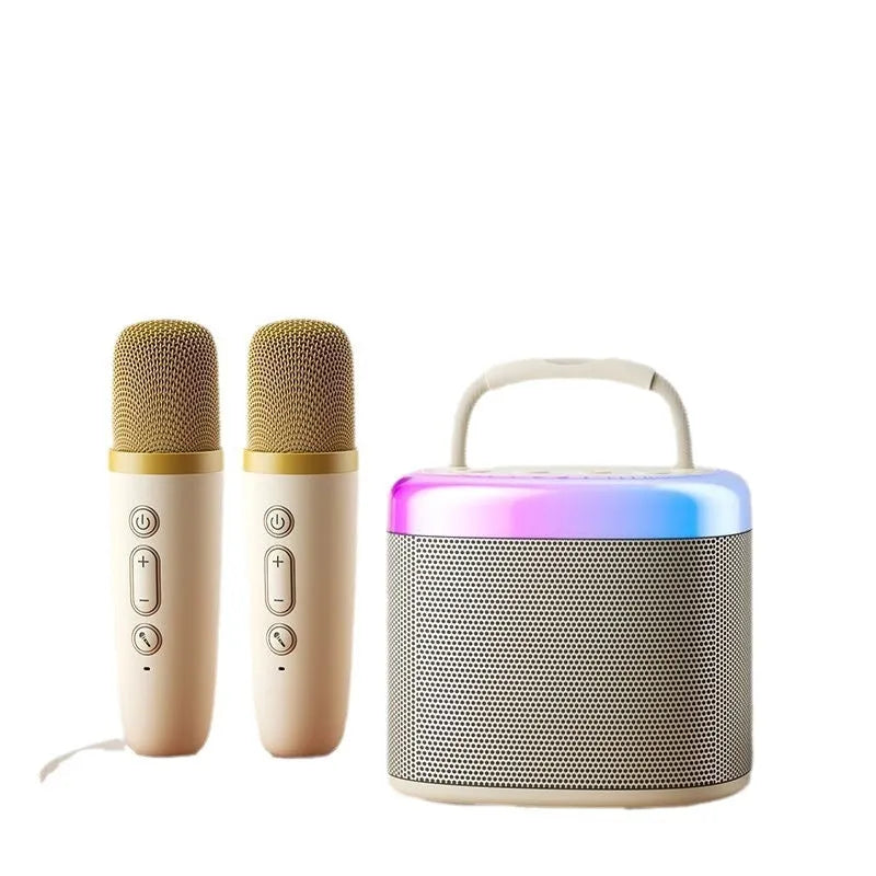 Bluetooth portable singing microphone and stereo speaker suit in space gray with double wheat grille