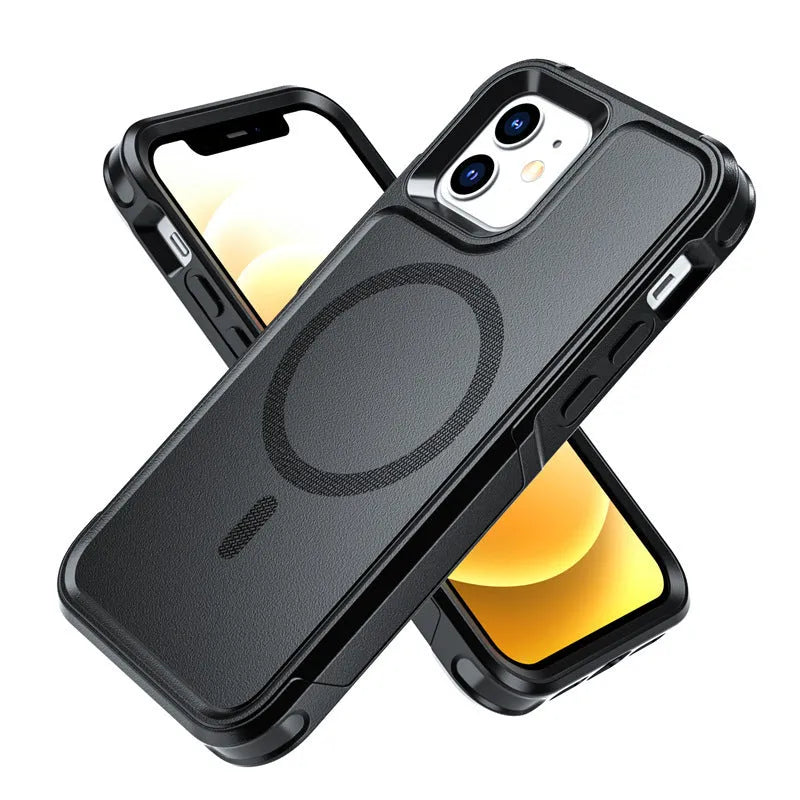 Black shatterproof magnetic phone case for iPhone 12 and 13 series with PC+TPU construction