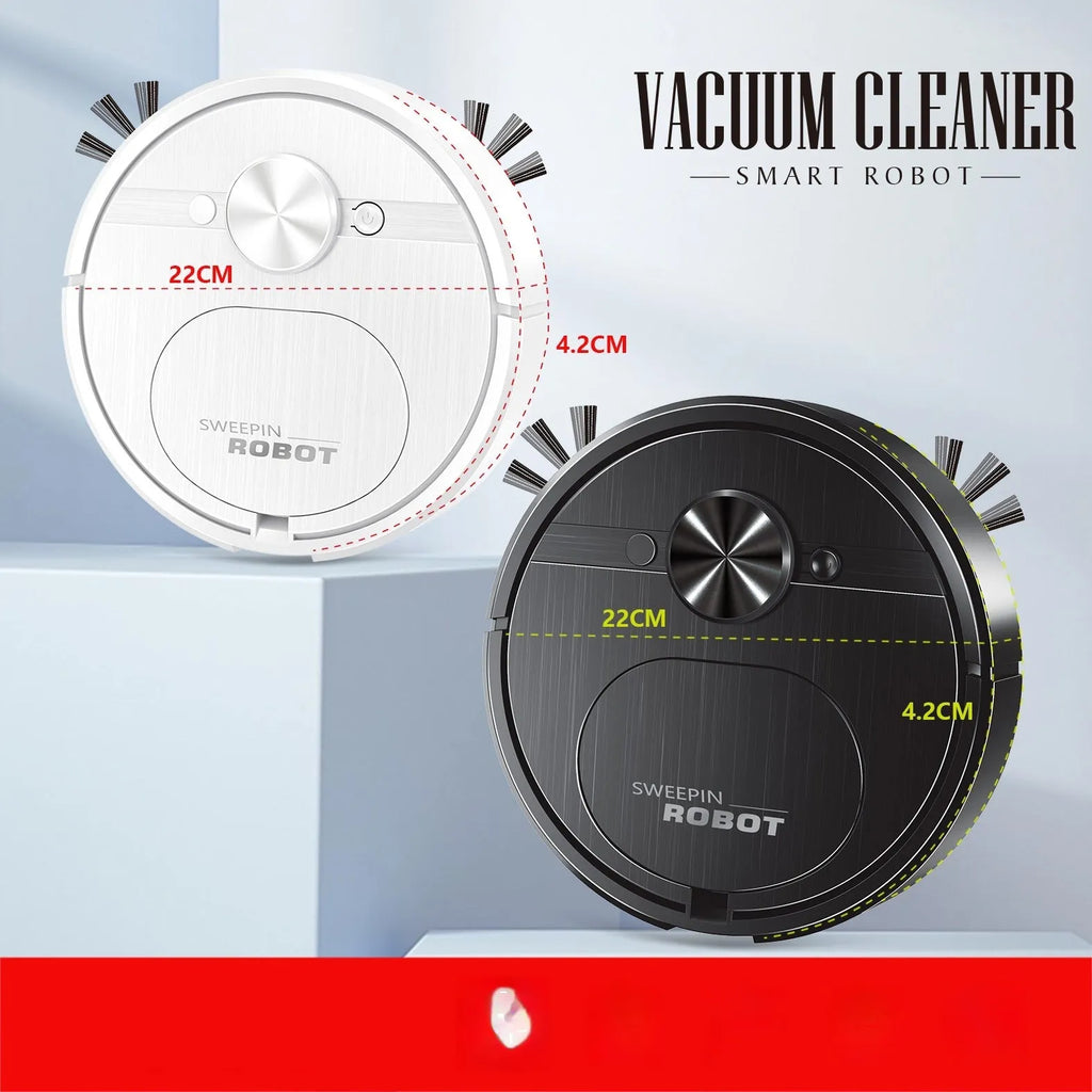 Black or white robot vacuum cleaner with suction, sweeping, and mopping functions on a hard floor