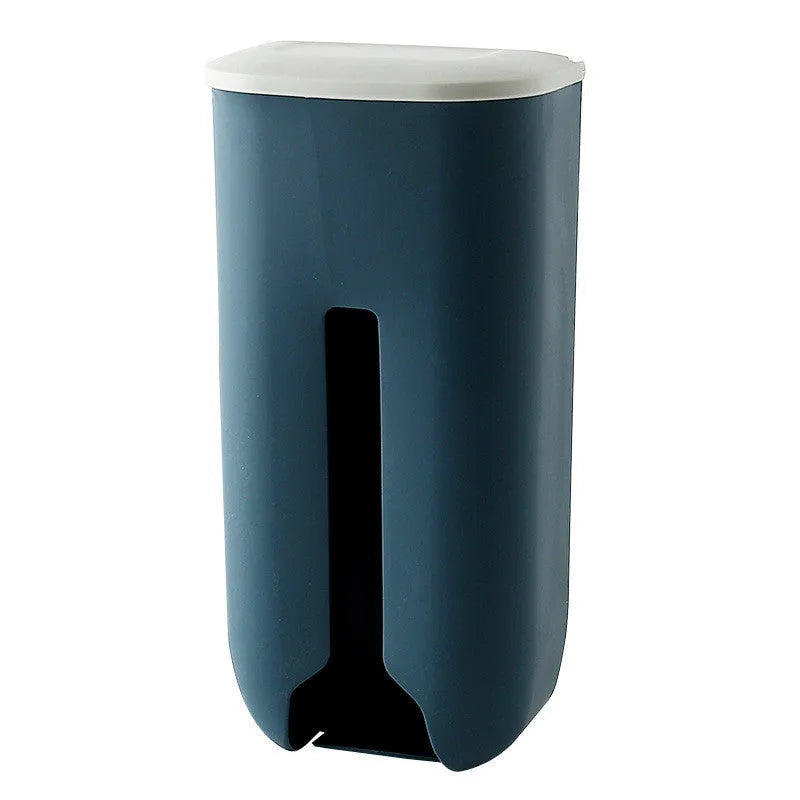 Wall-mounted plastic bag storage box in Nordic green with top flip lid and bottom extraction slot