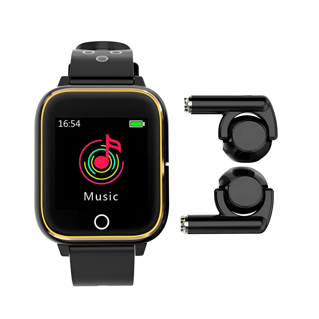Black smart watch with touchscreen displaying fitness stats, with Bluetooth earbuds docked in the watch case.