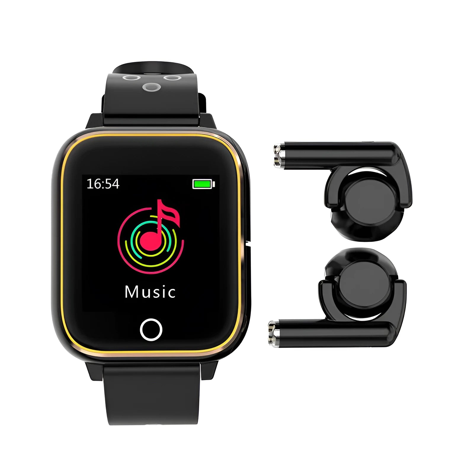 Black smart watch with touchscreen displaying fitness stats, with Bluetooth earbuds docked in the watch case.