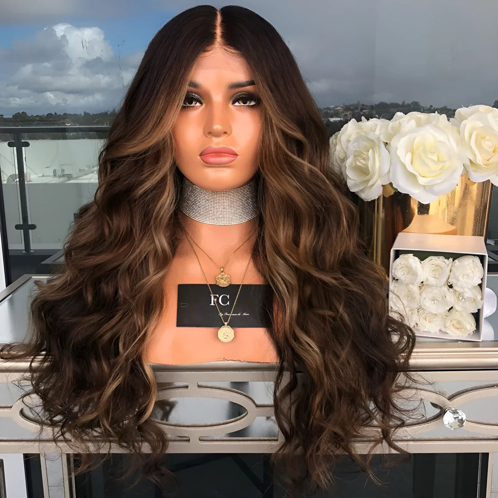 Long brown wig with high temperature wire hairline for natural look