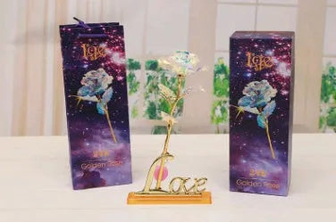 24K luminous gold rose flower set in gift box with tote bag, handmade plastic bouquet non-fade artificial roses