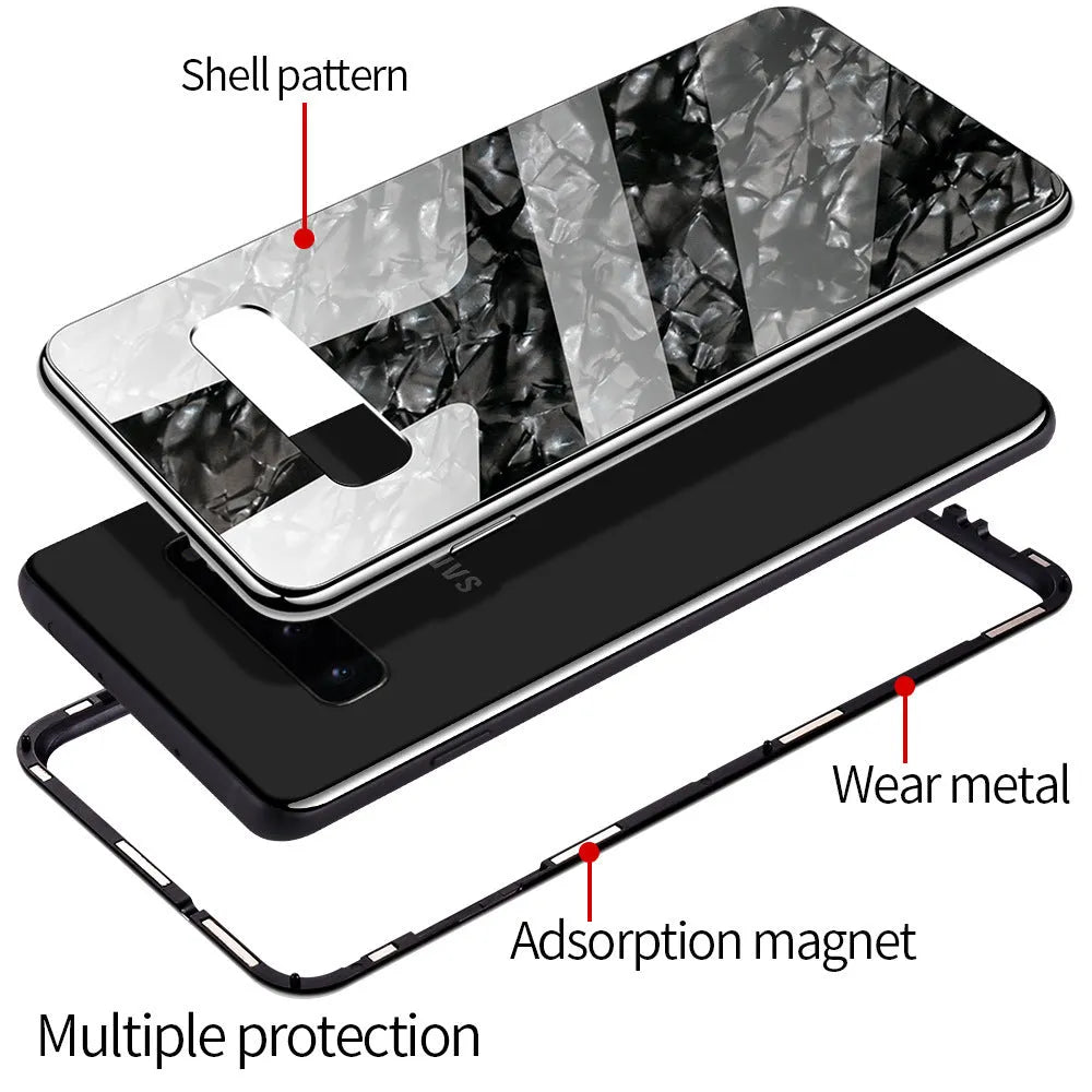 Galvanized mobile phone protective cover with Wan magnetic king plating shell pattern and glass texture for Samsung Galaxy in black