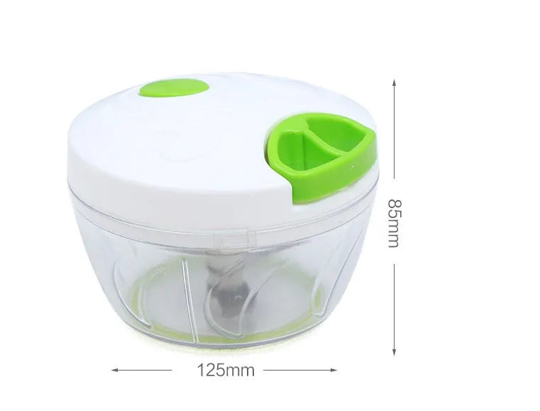 Green manual kitchen chopper grinder with stainless steel blades and a 500ml plastic container.