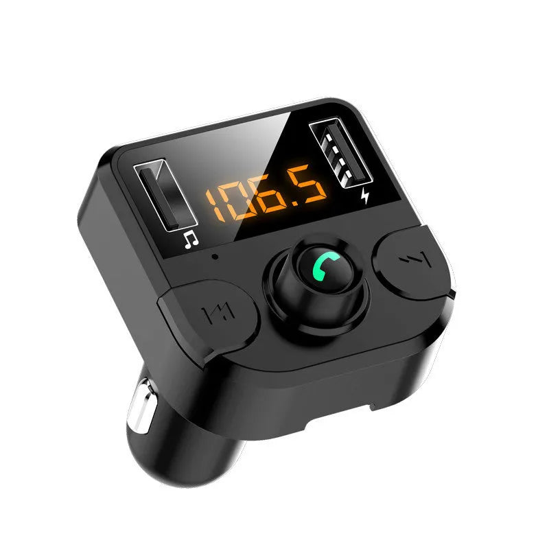 BT36B black car Bluetooth FM transmitter player with 1.1-inch screen plugged into a cigarette lighter.