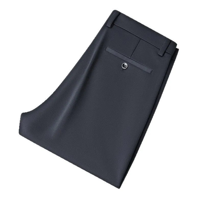 Men's straight-leg business casual trousers in elastic fabric, shown in black, available in waist sizes 29 to 52 inches.