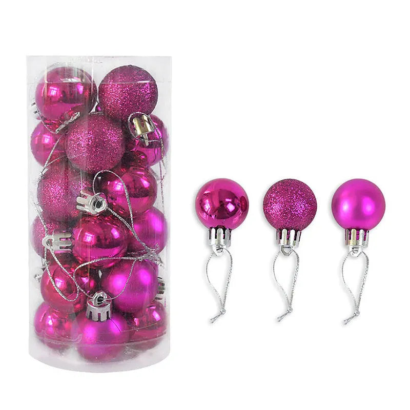 Assortment of 3cm diameter shiny and matte Christmas decoration balls in red, gold, blue, and silver colours.