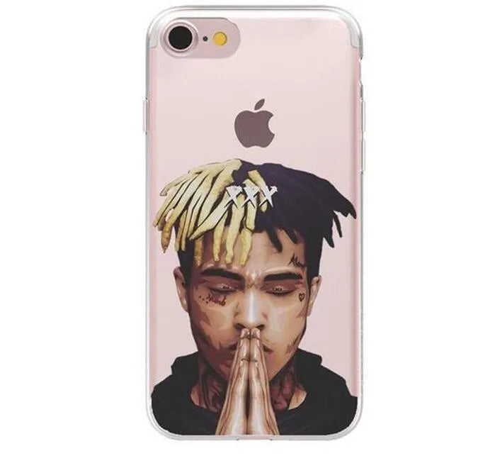 XXTentacion graphic design on a transparent matte iPhone case showing half-wrapped sides.