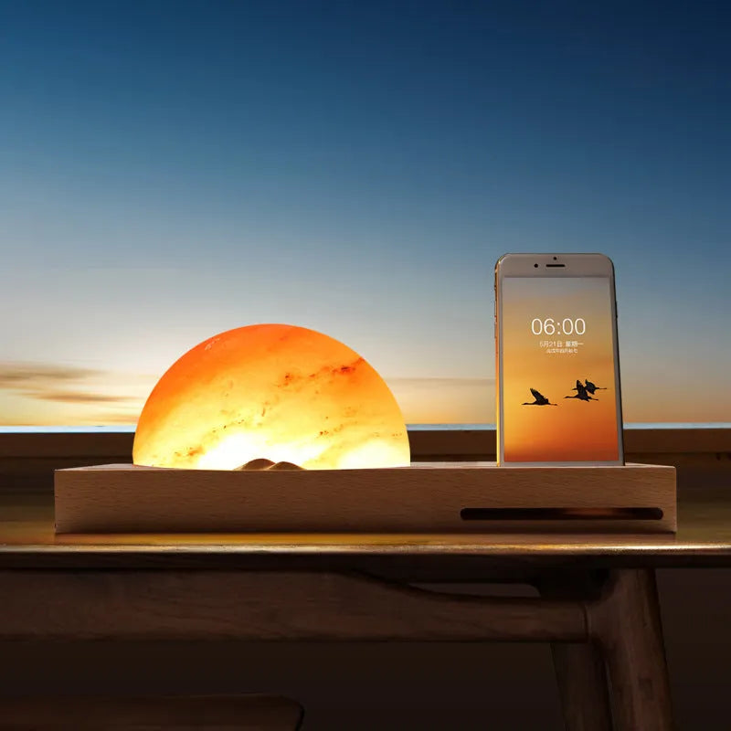 Sunrise Oriental wooden base table lamp with natural salt block shade and wireless phone charging