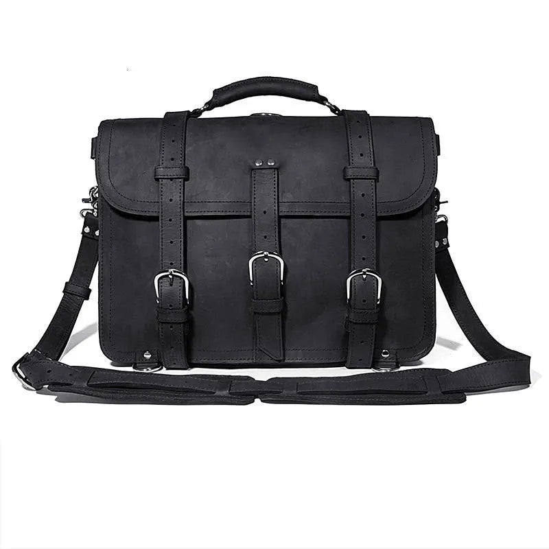 Crazy Horse leather tote bag in brown black, horizontal square shape, 42cm long