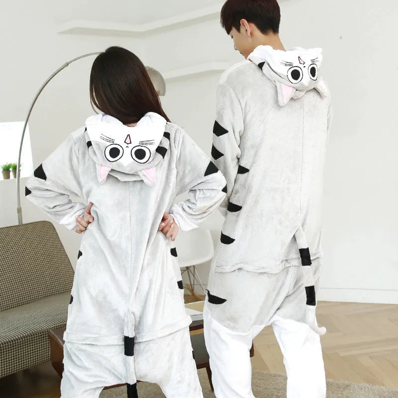 Grey animal one-piece pajama suit made from polyester fibre, available in sizes S to XL, front view