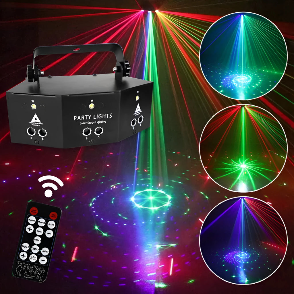 Nine eye laser strobe light unit with white light beads and red, green, blue laser projection.