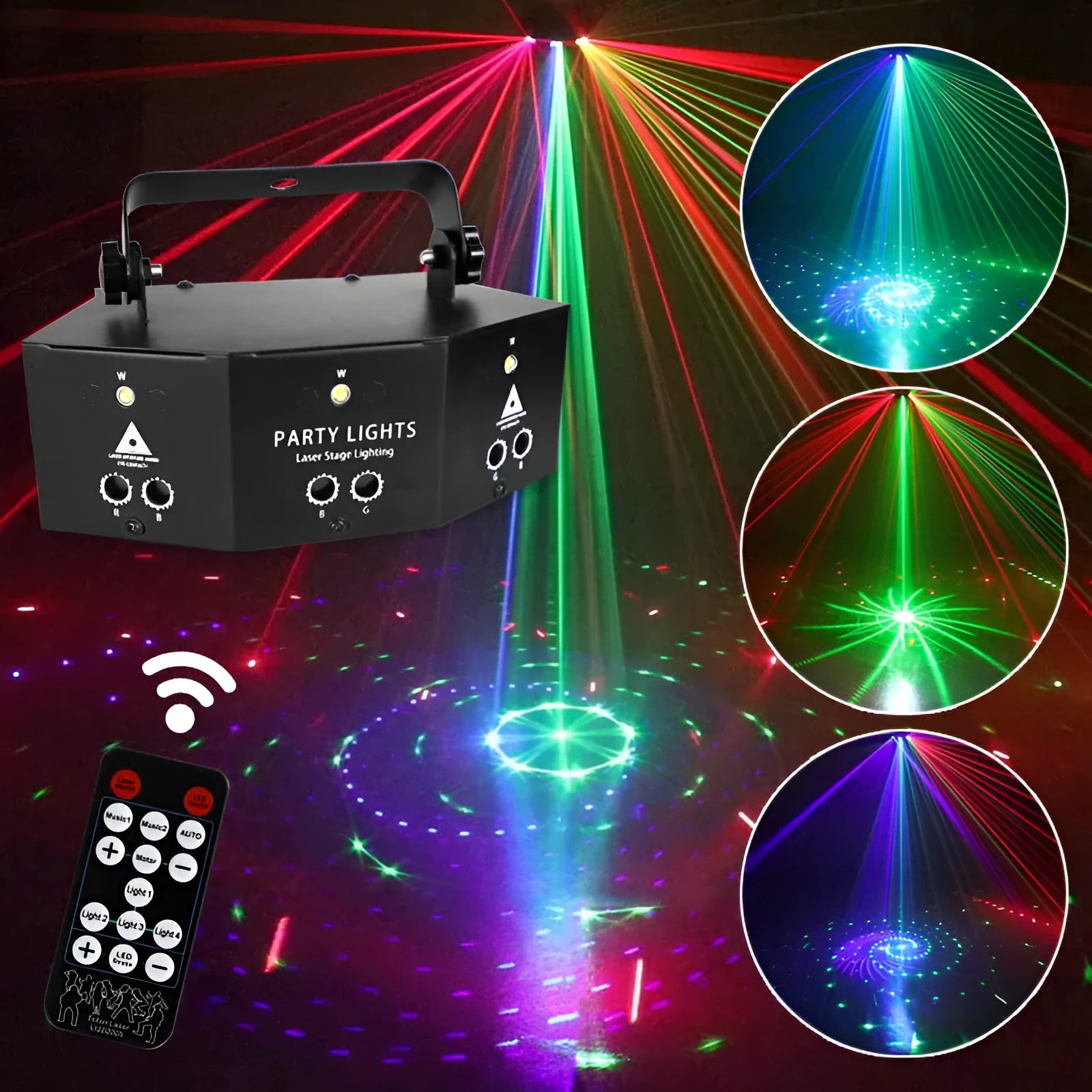 Nine eye laser strobe light unit with white light beads and red, green, blue laser projection.