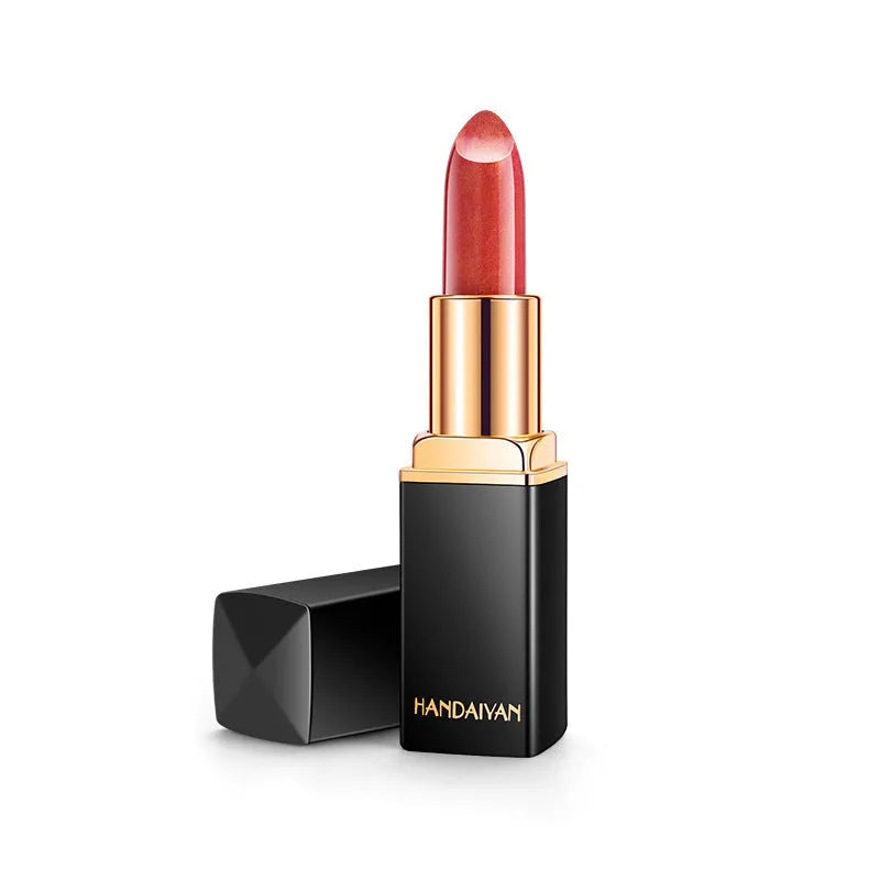 Pearlescent colour change temperature change lipstick in a tube with shimmering finish