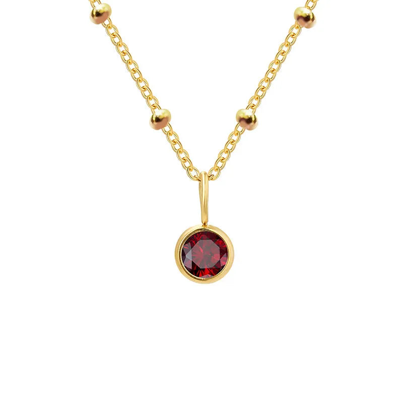 Women's round birthstone necklace on stainless steel ball bead chain, 38+5cm, shown in one of 24 colour options