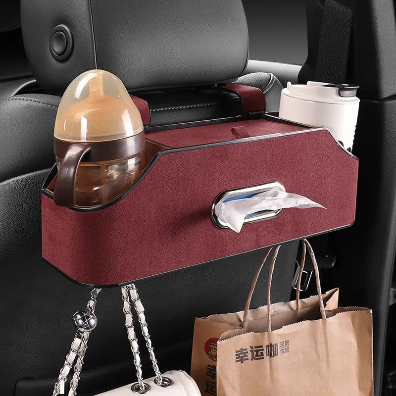Genuine leather car tissue box and cup holder storage unit in beige colour.