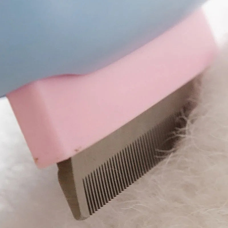 Blue double-sided pet grooming brush with deshedding rake and dematting comb on a 195mm handle.