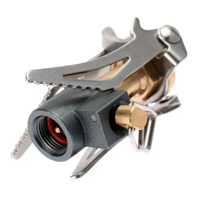 Portable folding mini camping stove in unfolded position showing 3000W burner and anti-skid bracket