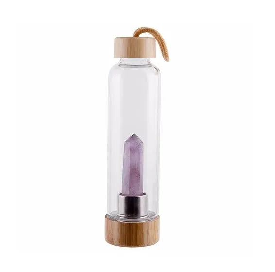 Crystal infused glass water bottle with bamboo lid and crystal stone in black colour