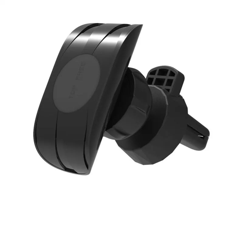 Matte black car phone holder clipped onto a car air vent, holding a smartphone.